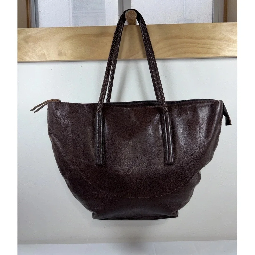 Noonday Collection Leather Arcadia Tote Bag Spacious‎ Purse Brown Braided Straps